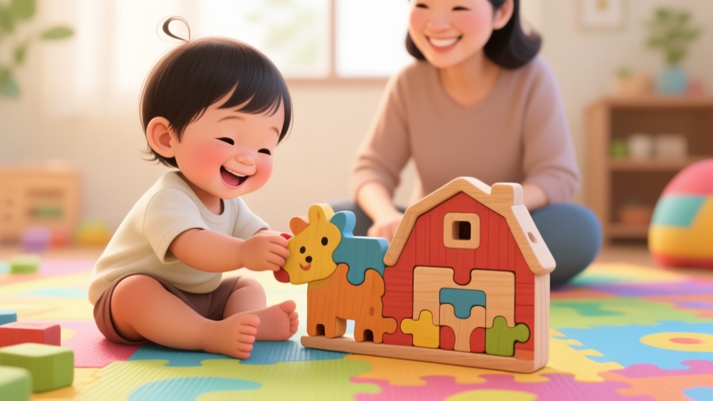 A happy young child of Southeast Asian descent sitting on a colorful play mat, successfully placing the last piece of a large, chunky wooden farm animal puzzle, with a parent smiling in the background, soft natural lighting, warm and inviting color palette high quality illustration, detailed, 16:9