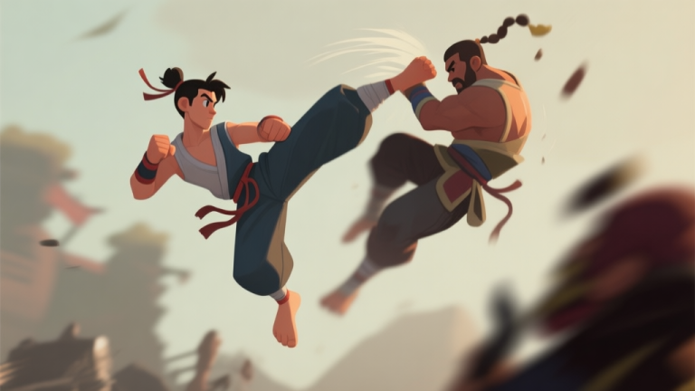 自动生成图片: Side-view gameplay sequence of a stylized character performing a kick-up move on an opponent, keeping them suspended in the air, soft motion blur effects, muted game-like color palette high quality illustration, detailed, 16:9