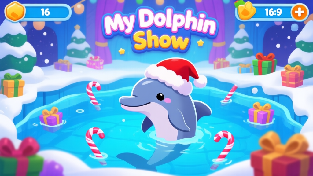 A vibrant, festive game scene of 'My Dolphin Show' with a dolphin wearing a Santa hat performing in a snow-decorated aquarium, candy canes and presents floating in the water, in a cheerful mobile game art style high quality illustration, detailed, 16:9