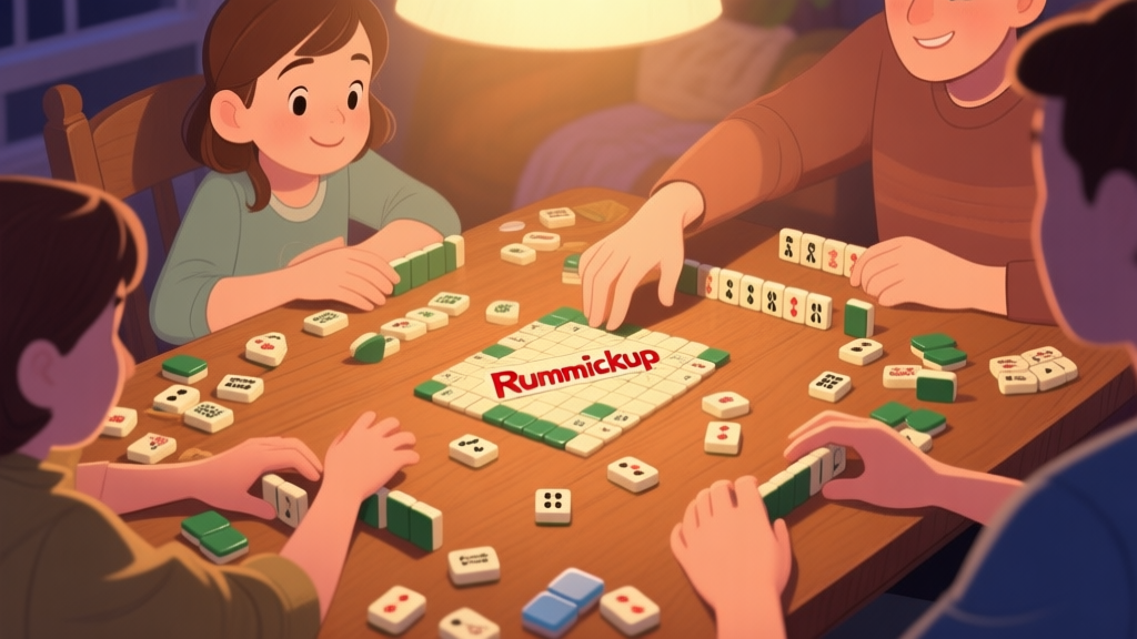 A welcoming and slightly messy family game night scene, Rummikub tiles spread on a wooden table, soft warm lighting, hands reaching to play, cozy atmosphere high quality illustration, detailed, 16:9