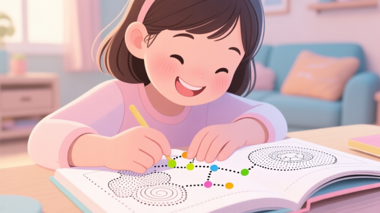 自动生成图片: A happy young girl concentrating on connecting dots in a coloring book, soft pastel colors, focus on her hands and the detailed dotted illustration, cozy home setting high quality illustration, detailed, 16:9