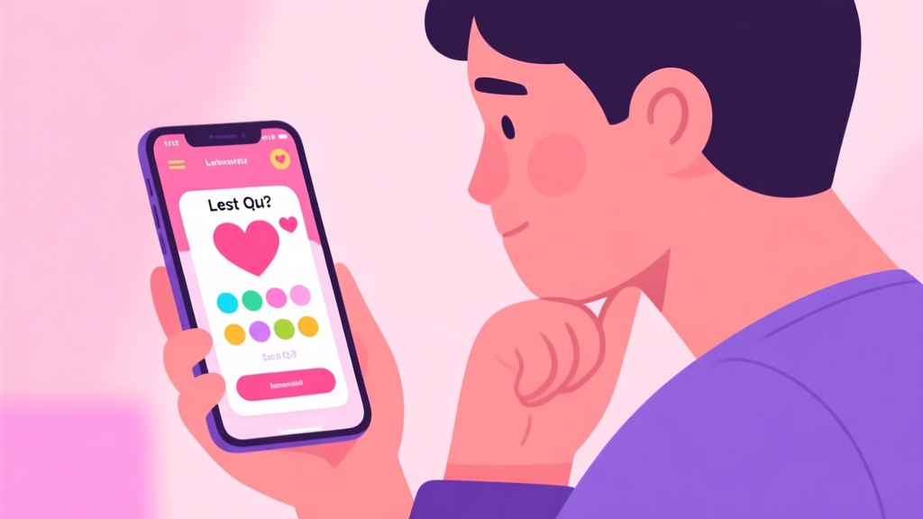 A person looking thoughtfully at a smartphone screen showing a colorful love test quiz interface, with soft pink and purple tones in the background, flat illustration style high quality illustration, detailed, 16:9