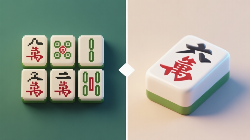 Split-screen illustration comparing classic pixelated mahjong tiles on one side against modern, high-definition 3D rendered mahjong tiles on the other, with a soft neutral background high quality illustration, detailed, 16:9