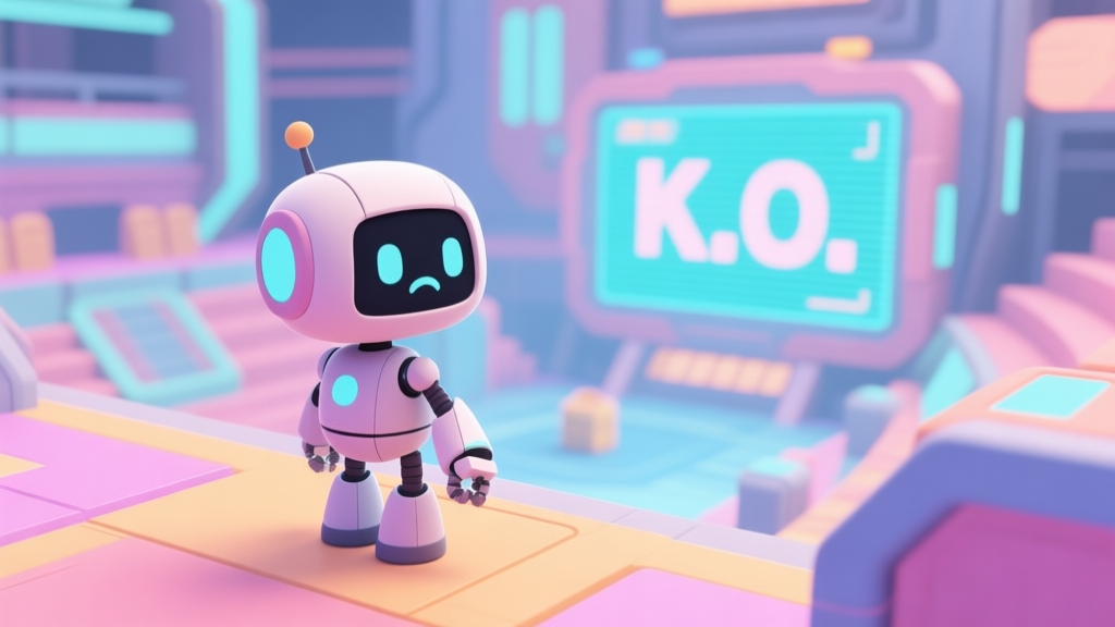 A cute, slightly confused robot character standing in a vibrant, futuristic game arena, looking at a "K.O." screen in the distance, soft pastel colors, isometric view high quality illustration, detailed, 16:9
