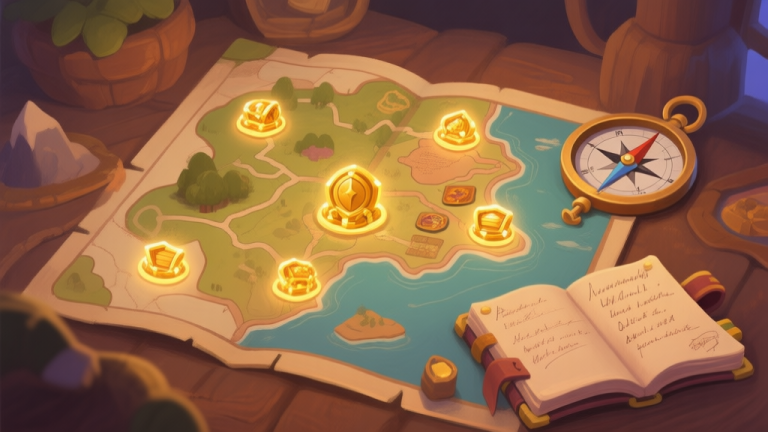 自动生成图片: A cozy, inviting game scene showing a detailed open-world map with glowing treasure icons, a compass, and a journal with handwritten notes, rendered in a soft painterly style with warm, earthy tones high quality illustration, detailed, 16:9