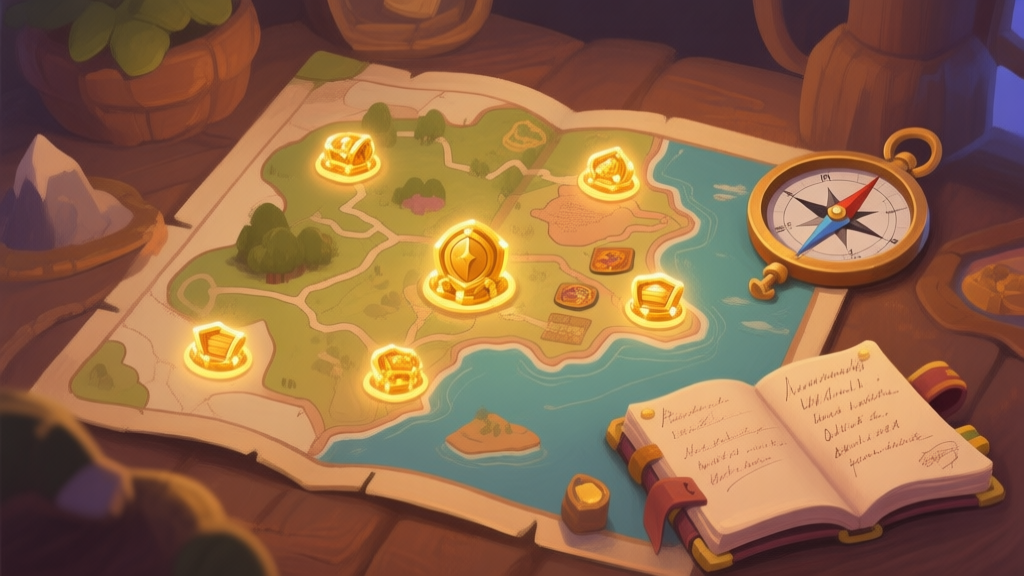 A cozy, inviting game scene showing a detailed open-world map with glowing treasure icons, a compass, and a journal with handwritten notes, rendered in a soft painterly style with warm, earthy tones high quality illustration, detailed, 16:9