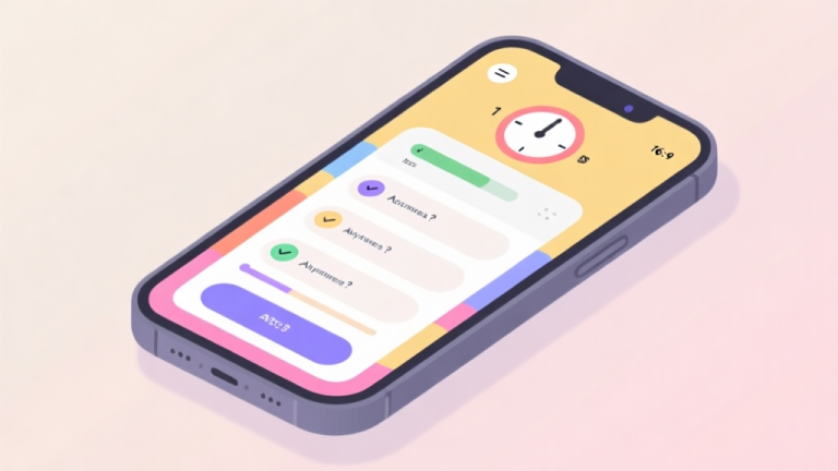 自动生成图片: A calm, minimalist illustration of a smartphone screen showing a colorful quiz interface with a timer, multiple choice answers, and a subtle progress bar, soft pastel background high quality illustration, detailed, 16:9