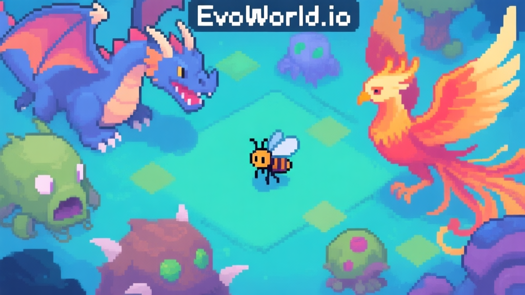 A top-down pixel art view of the EvoWorld.io game world, showing a small fly character surrounded by much larger, evolved creatures like a dragon and a phoenix, with a soft color palette of blues and greens high quality illustration, detailed, 16:9