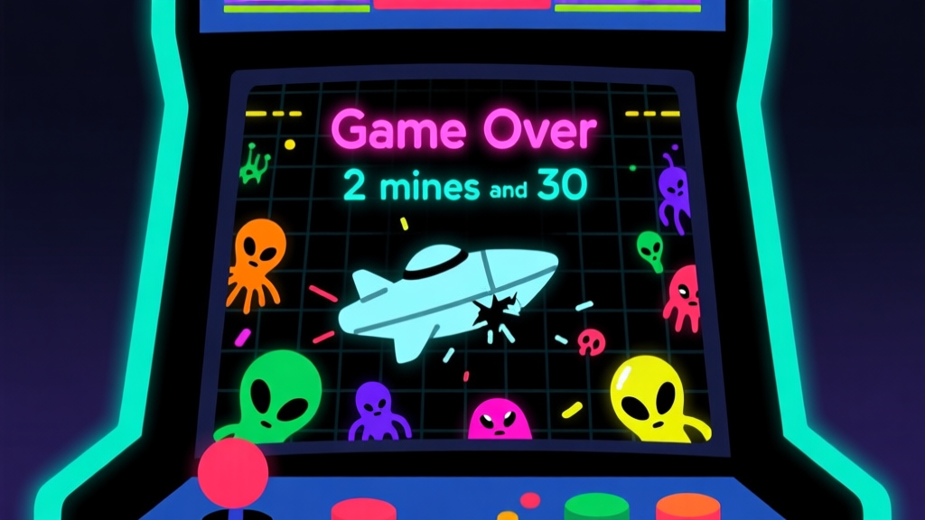 A neon-lit arcade game screen showing a 'Game Over' message at 2 minutes and 30 seconds, with a simple player ship destroyed amidst colorful alien invaders, in a dark background with glowing grid lines, minimalist vector art style high quality illustration, detailed, 16:9