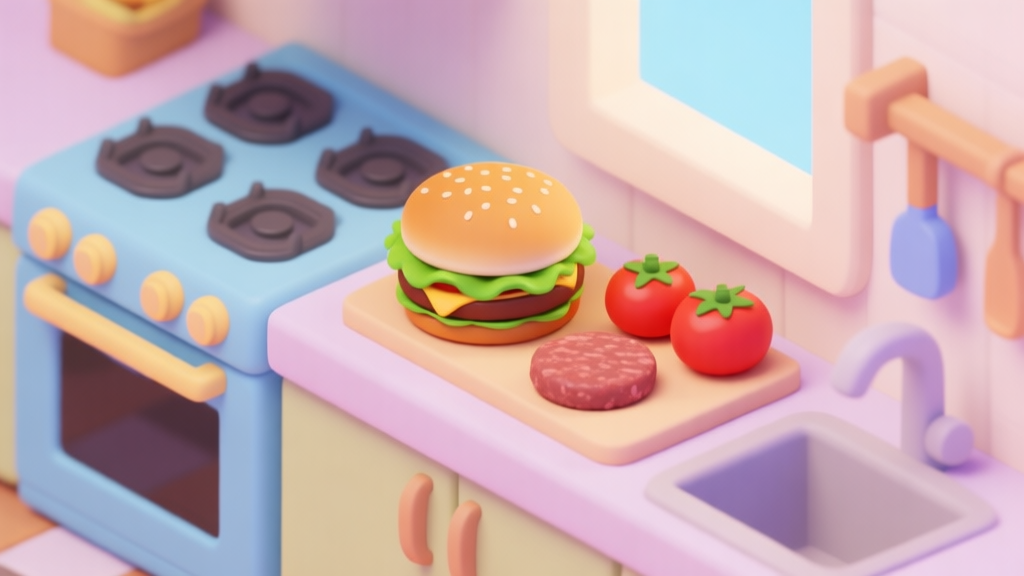 A cheerful, isometric view of a Sky Burger game kitchen counter, with a burger bun, lettuce, tomato, and a patty waiting to be assembled, soft pastel colors, clean and inviting game art style high quality illustration, detailed, 16:9