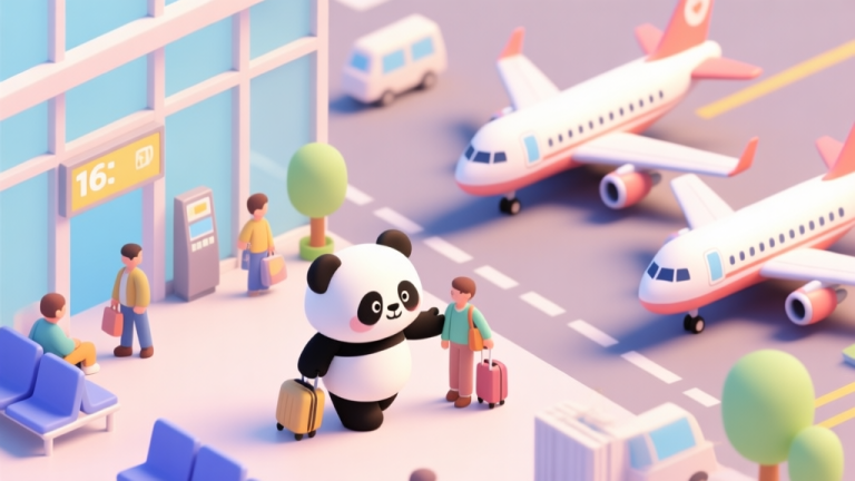 自动生成图片: Cute and colorful isometric illustration of a busy cartoon airport terminal, with a panda character guiding a passenger, airplanes waiting in the background, soft pastel color scheme high quality illustration, detailed, 16:9