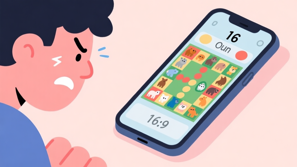 A frustrated player looking at a cluttered Connect Animals game board on a mobile phone, with a timer about to run out, in a flat illustration style with soft pastel colors high quality illustration, detailed, 16:9