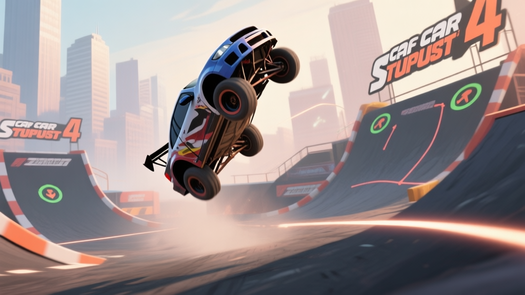 A dynamic video game screenshot style image of a stunt car in mid-air, performing a backflip against a backdrop of a City Car Stunt 4 style urban stunt course, with trajectory lines and landing zone indicators, soft glowing effects, muted color palette high quality illustration, detailed, 16:9