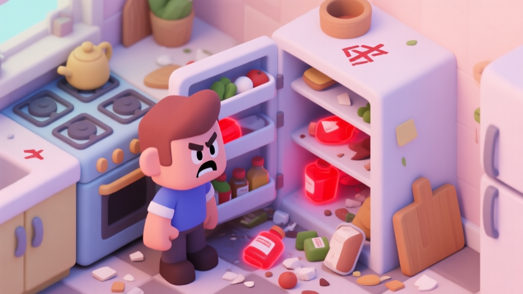 A frustrated game character looking at a messy, overflowing virtual kitchen pantry with some ingredients glowing red (expired) and others missing, in a soft pastel color palette, isometric game view high quality illustration, detailed, 16:9