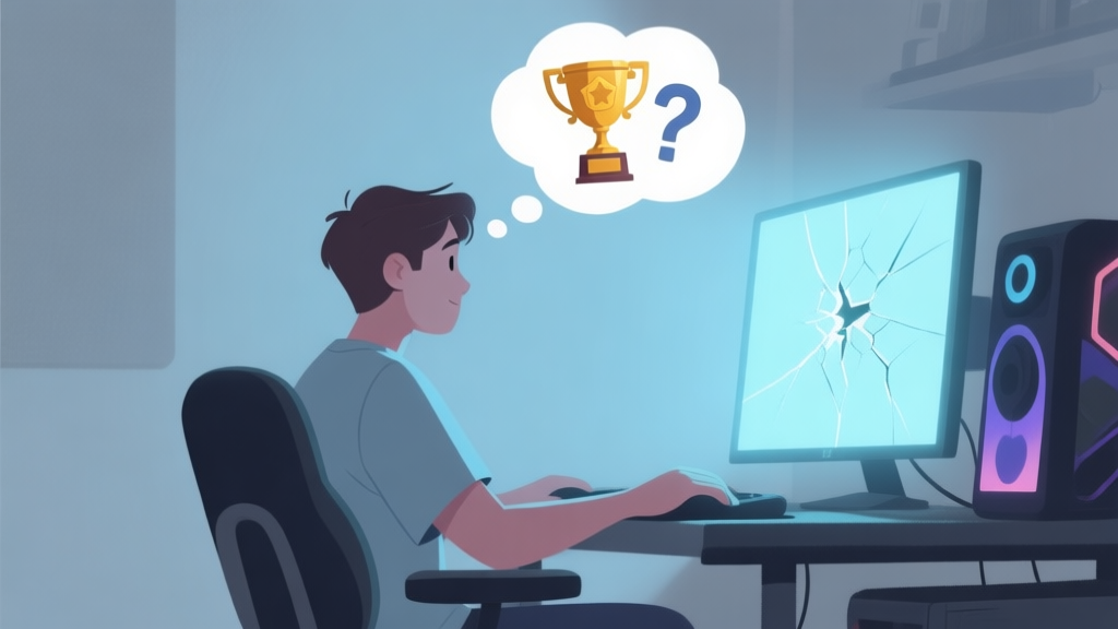 An illustration of a person sitting at a gaming desk, looking at a glowing screen with a thought bubble showing a cracked trophy and a question mark, in a soft, muted color palette with blues and grays high quality illustration, detailed, 16:9