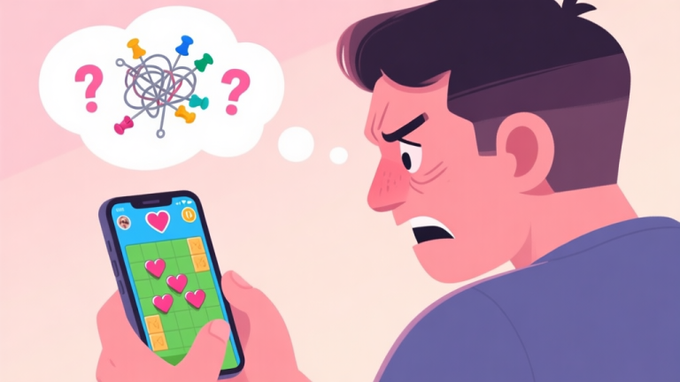 自动生成图片: A frustrated gamer looking at a smartphone screen showing a challenging Love Pins puzzle level, with a thought bubble containing question marks and tangled pins, in a soft pastel color palette high quality illustration, detailed, 16:9