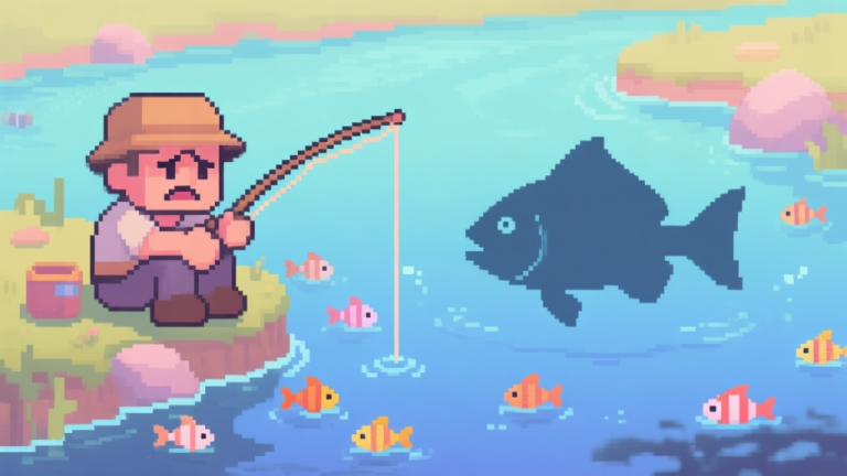 自动生成图片: A frustrated game character sitting by a pixel-art river with a simple fishing rod, surrounded by small common fish, while a majestic rare fish silhouette is visible in the deep water, soft pastel color palette high quality illustration, detailed, 16:9