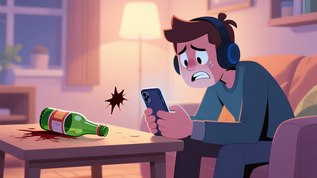 A frustrated gamer looking at a phone screen showing a failed bottle flip, with a bottle lying on its side on a table, in a cozy room setting, soft lighting, cartoon illustration style high quality illustration, detailed, 16:9