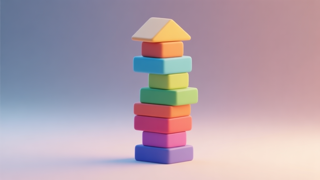 A calming, minimalist 3D render of a perfectly stacked tower of colorful blocks against a soft gradient background, symbolizing achievement and balance in Stack Colors high quality illustration, detailed, 16:9