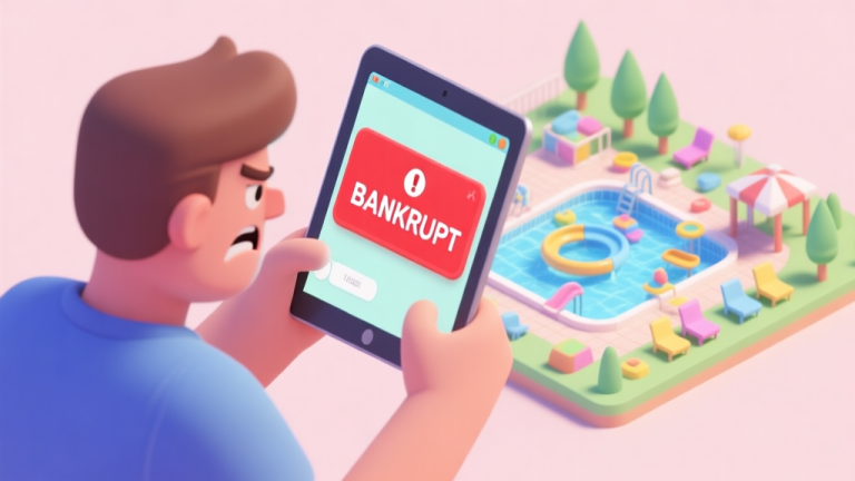 自动生成图片: A frustrated game player looking at a tablet screen showing a red "BANKRUPT" notification over a colorful but poorly managed aquapark simulation, soft pastel color palette, isometric view high quality illustration, detailed, 16:9