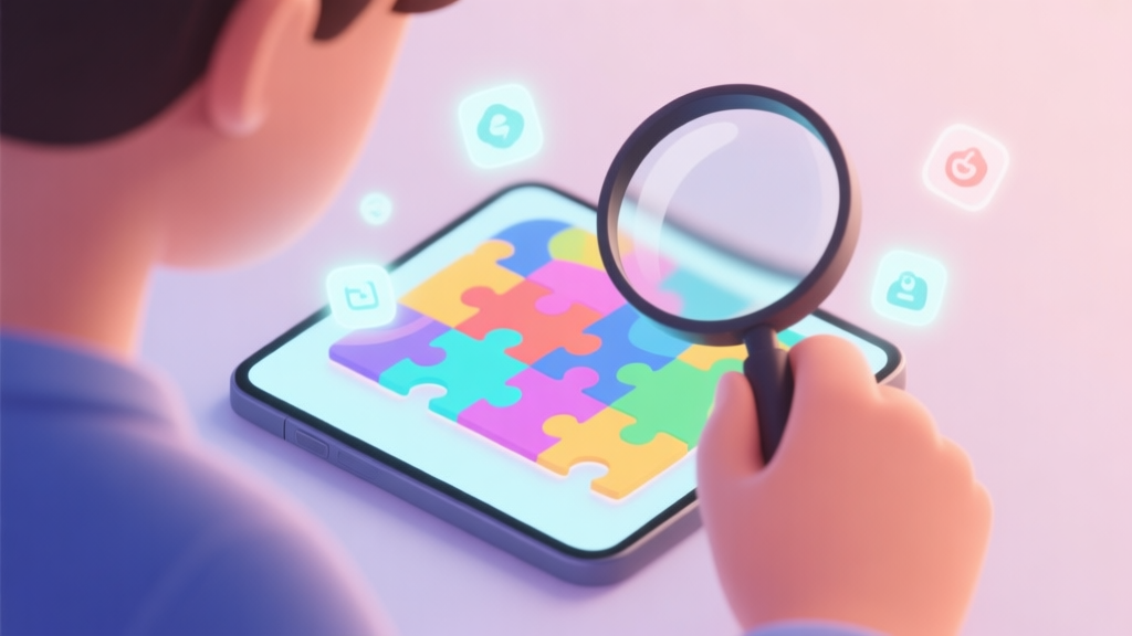A person holding a magnifying glass over a colorful, abstract game puzzle on a mobile screen, with soft glowing hints and icons floating around, in a calm and focused atmosphere, pastel color scheme high quality illustration, detailed, 16:9