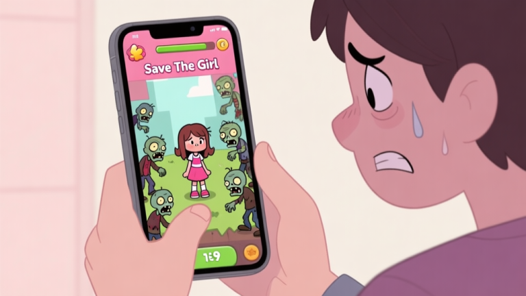 自动生成图片: A frustrated player looking at a mobile phone screen showing a Save The Girl puzzle level with a girl surrounded by zombies, in a soft pastel cartoon style, muted colors high quality illustration, detailed, 16:9