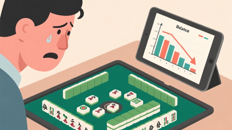 自动生成图片: A frustrated person looking at a Mahjong game on a digital tablet, with a graph showing a declining balance next to it, in a flat illustration style with muted colors high quality illustration, detailed, 16:9