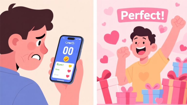 自动生成图片: A split-screen illustration showing a frustrated player looking at a low score on a mobile phone on one side, and a joyful player with a "Perfect" score surrounded by virtual Valentine's gifts on the other, in a soft pastel color palette high quality illustration, detailed, 16:9