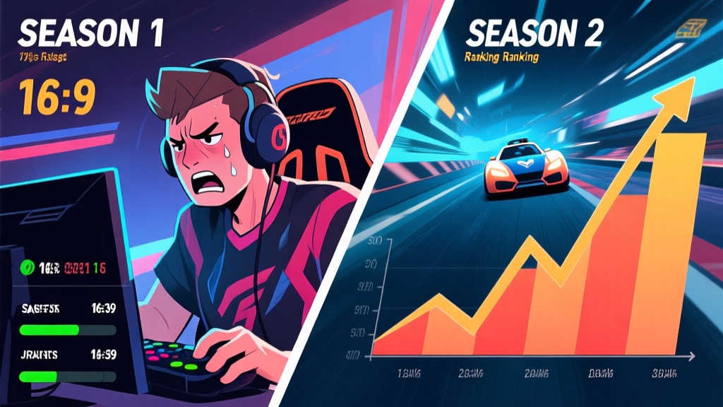 Split-screen illustration showing a frustrated gamer on left with Season 1 stats, and a confident gamer on right with rising Season 2 ranking graph, in a dynamic racing game art style high quality illustration, detailed, 16:9