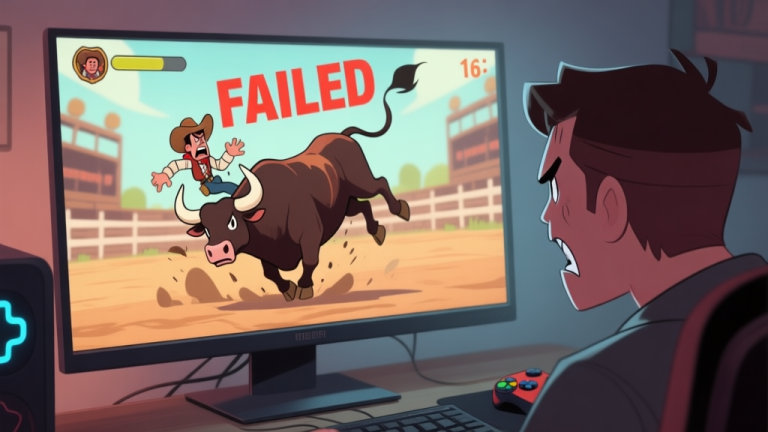 自动生成图片: A frustrated gamer looking at a "FAILED" screen on a monitor, with a rodeo game character falling off a bull, soft lighting, muted colors high quality illustration, detailed, 16:9