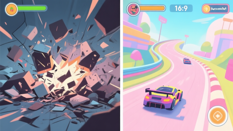 自动生成图片: A split-screen comparison of a messy, failed shortcut attempt with a player crashing, versus a smooth, successful shortcut execution in a colorful racing game, soft pastel colors high quality illustration, detailed, 16:9