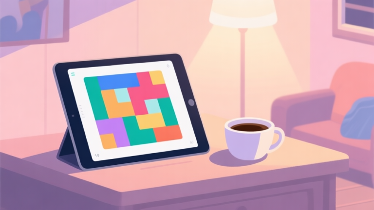 自动生成图片: A cozy, softly lit room with a tablet displaying an abstract, colorful logic puzzle on screen, a cup of coffee beside it, in a flat illustration style with pastel colors high quality illustration, detailed, 16:9