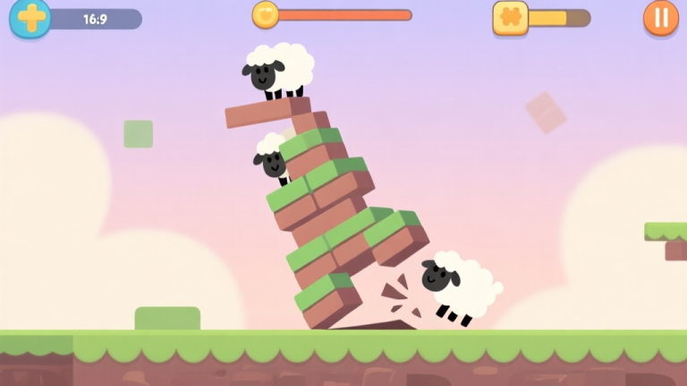 自动生成图片: A precarious, tilting tower of cartoon sheep blocks in a game interface, with one block about to fall, soft pastel background, flat design style high quality illustration, detailed, 16:9