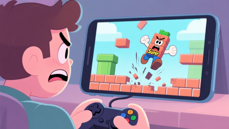 自动生成图片: A frustrated gamer looking at a mobile screen showing a Brick Surfer character falling between bricks, soft pastel color palette, cartoonish style, conveying a sense of missed opportunity high quality illustration, detailed, 16:9