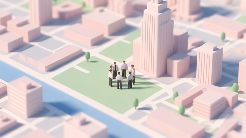 A top-down view of a stylized, minimalist city map in Crowd City 3D, showing a small group of figures merging with a slightly larger one, with soft pastel colors and clear visual hierarchy high quality illustration, detailed, 16:9