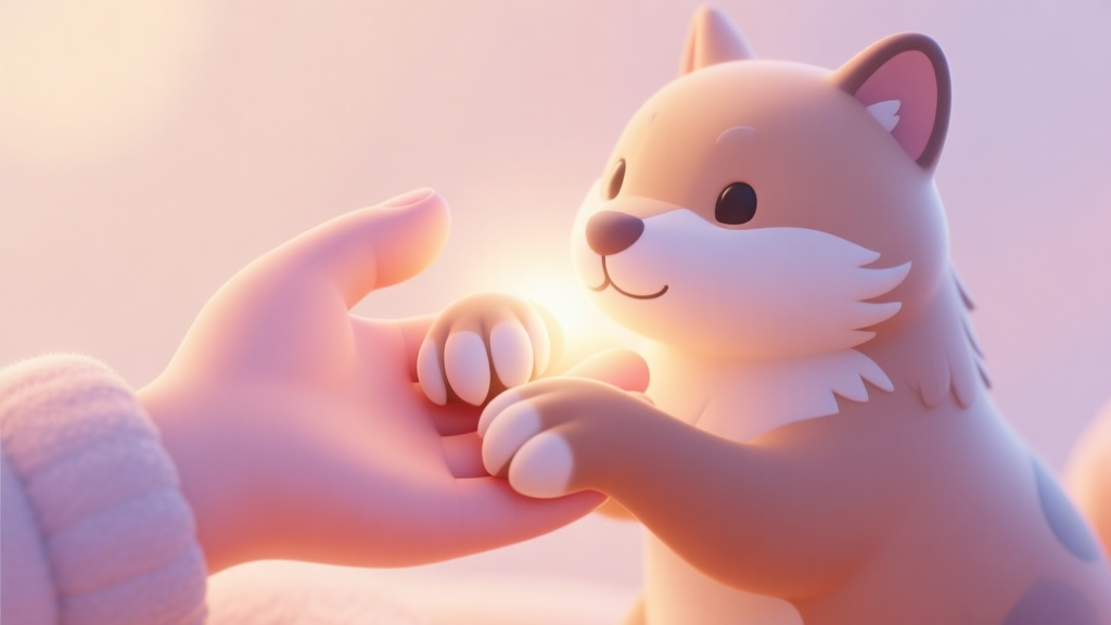 A warm, cozy scene of a virtual hand gently holding the paw of a stylized 3D animal creature, soft glow around the contact point, pastel color palette, digital painting style high quality illustration, detailed, 16:9