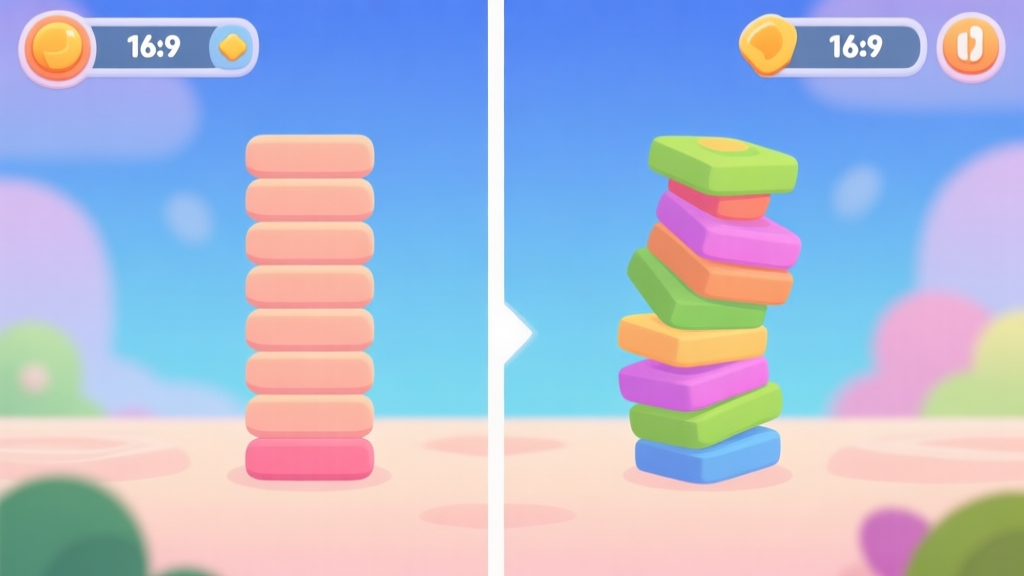 Side-by-side comparison of a perfectly aligned stack versus a wobbly, misaligned stack in a colorful mobile game, showing the difference in center of gravity, flat cartoon style, soft pastel colors high quality illustration, detailed, 16:9