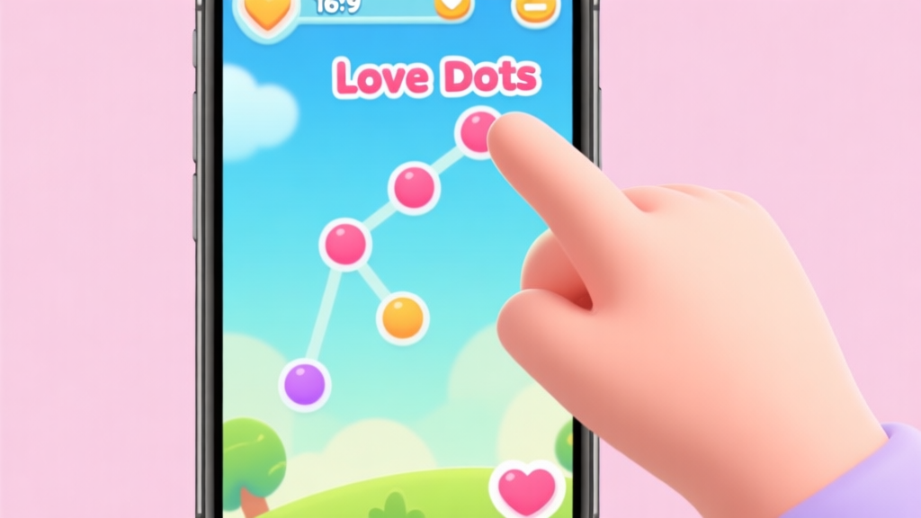 A smartphone screen showing a vibrant Love Dots game level with connected dots, a thoughtful hand with a finger hovering above, planning the next move, soft pastel game colors, clean and inviting interface high quality illustration, detailed, 16:9