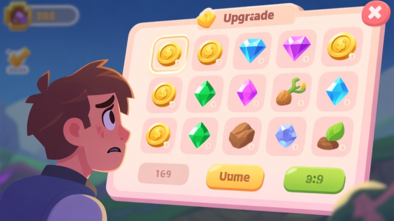 自动生成图片: A confused new game player looking at a complex in-game upgrade screen with multiple icons for gold, gems, and evolution materials, illustrated in a soft pastel color palette high quality illustration, detailed, 16:9