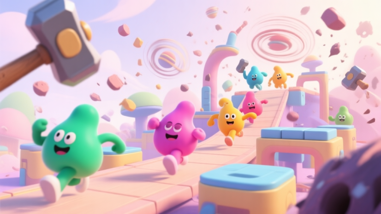 自动生成图片: A chaotic and fun scene of colorful blob characters racing through a whimsical obstacle course, with spinning hammers, moving platforms, and falling hazards, soft pastel color palette, dynamic action high quality illustration, detailed, 16:9