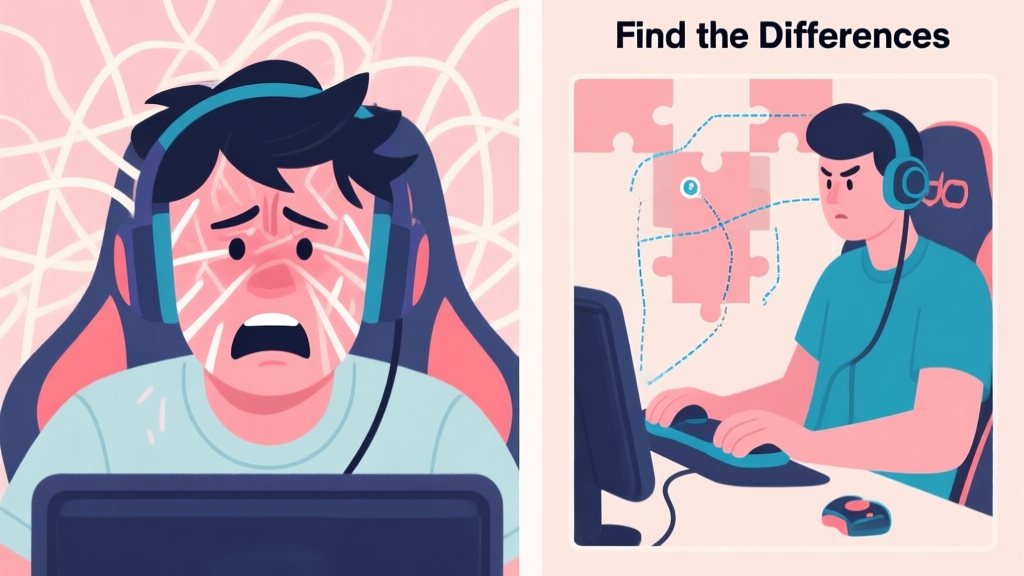 A split-screen illustration showing a frustrated gamer on the left with a messy gaze pattern, and a focused gamer on the right with a clear, systematic scanning path over a "Find the Differences" puzzle, in a soft pastel color scheme high quality illustration, detailed, 16:9