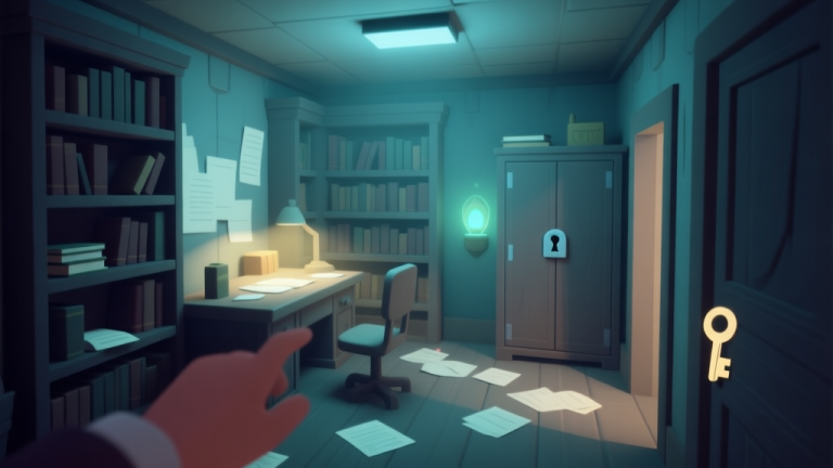 自动生成图片: A first-person perspective view inside a stylized 3D escape room, showing a mysterious study with bookshelves, a desk with scattered papers, and a locked cabinet. Soft, ambient lighting with subtle visual cues like a slightly glowing object and a hint of a keyhole, minimalist game art style high quality illustration, detailed, 16:9