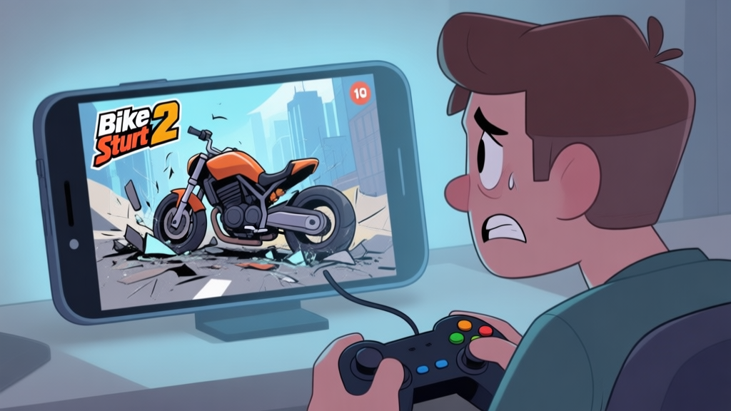 A frustrated gamer looking at a mobile screen showing a crashed bike in City Bike Stunt 2, soft lighting, muted colors of blue and grey, cartoonish style high quality illustration, detailed, 16:9