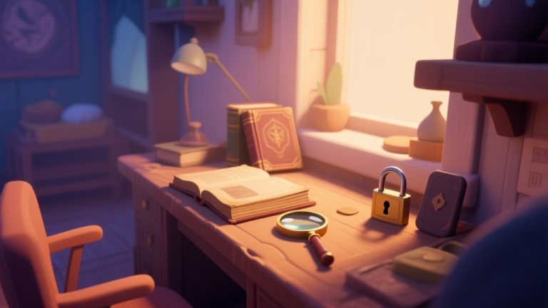 自动生成图片: A cozy, softly lit virtual room seen from a first-person perspective, with a desk containing mysterious objects like an old book, a magnifying glass, and a padlock, in a warm and inviting color palette with gentle shadows high quality illustration, detailed, 16:9