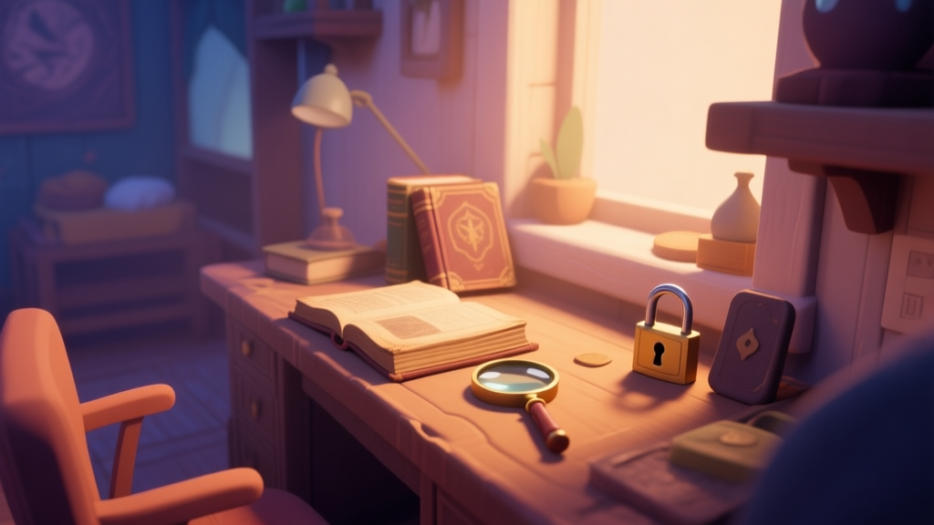 A cozy, softly lit virtual room seen from a first-person perspective, with a desk containing mysterious objects like an old book, a magnifying glass, and a padlock, in a warm and inviting color palette with gentle shadows high quality illustration, detailed, 16:9