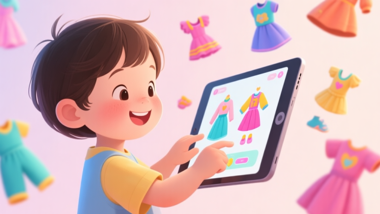 自动生成图片: A cheerful preschool-aged child playing a dress-up game on a tablet, with colorful virtual outfits floating around the screen, soft pastel background high quality illustration, detailed, 16:9