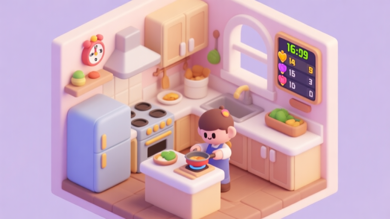 自动生成图片: A cozy, isometric view of a game kitchen with a character cooking, a timer counting down, and a scoreboard showing rankings, in a soft pastel color palette high quality illustration, detailed, 16:9