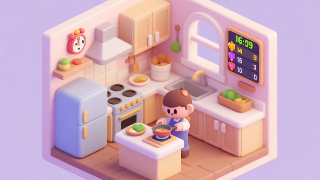 A cozy, isometric view of a game kitchen with a character cooking, a timer counting down, and a scoreboard showing rankings, in a soft pastel color palette high quality illustration, detailed, 16:9