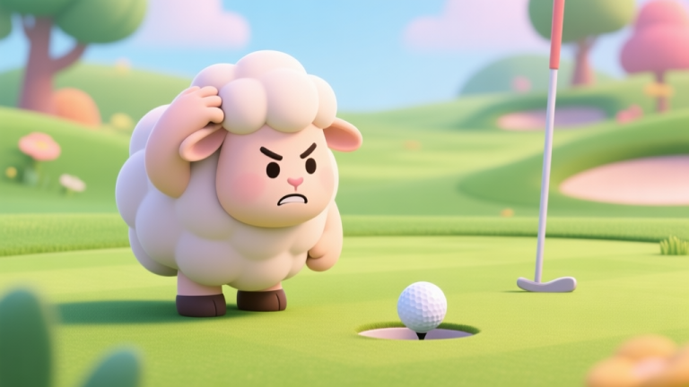 自动生成图片: A frustrated cartoon sheep character on a vibrant golf course, scratching its head while looking at a golf ball far from the hole, soft pastel colors, cute and relatable gaming scene high quality illustration, detailed, 16:9