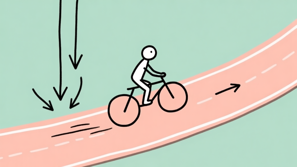 A simple 2D side-view diagram showing a stick figure rider on a hand-drawn track, with arrows indicating forces like gravity pulling down, momentum pushing forward, and friction on the track surface, in a minimalist flat design style with soft colors high quality illustration, detailed, 16:9